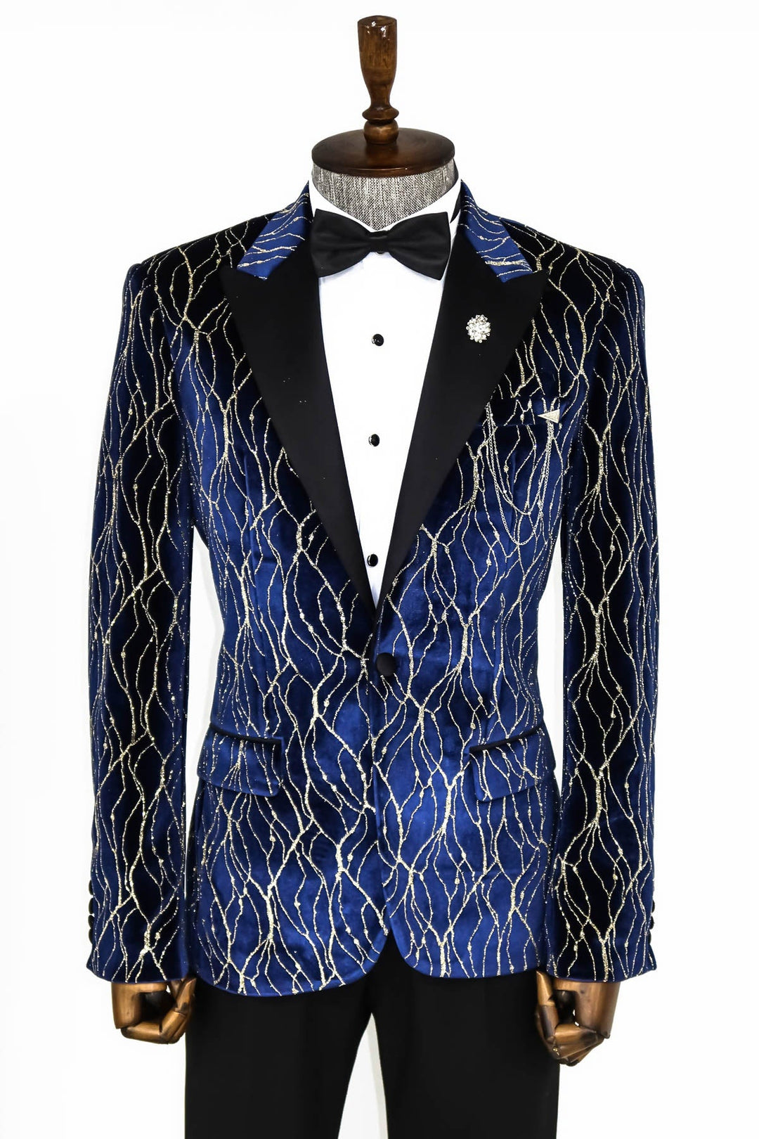 WSS Gold Patterned Navy Blue Men Prom Blazer  - Singen