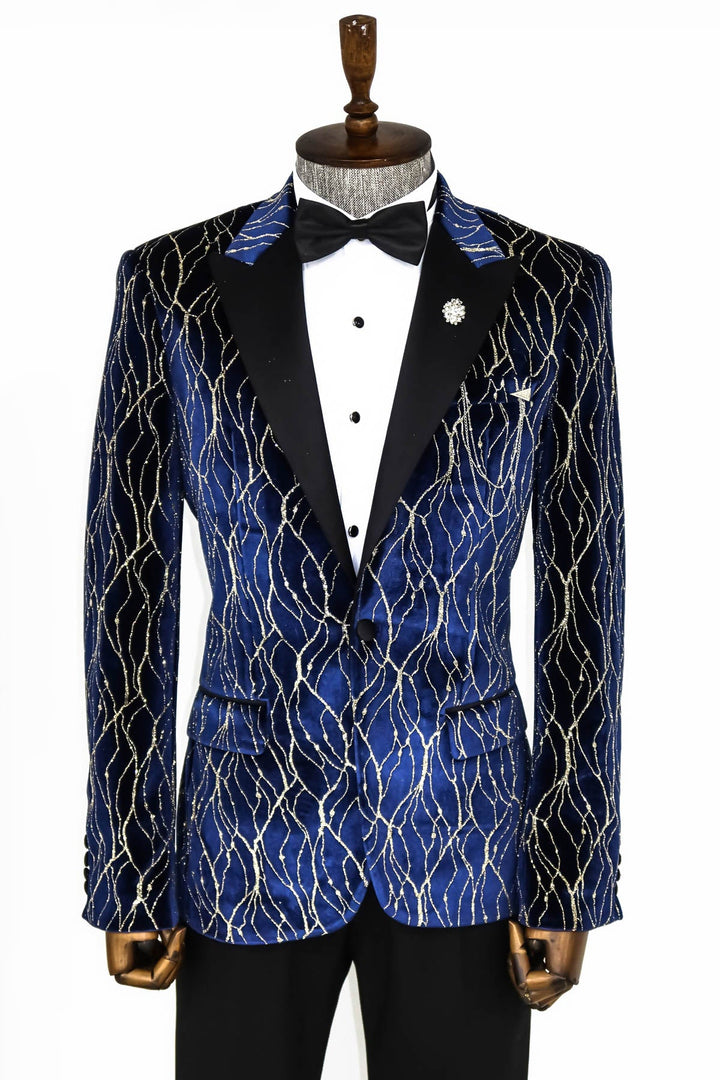 WSS Gold Patterned Navy Blue Men Prom Blazer  - Singen