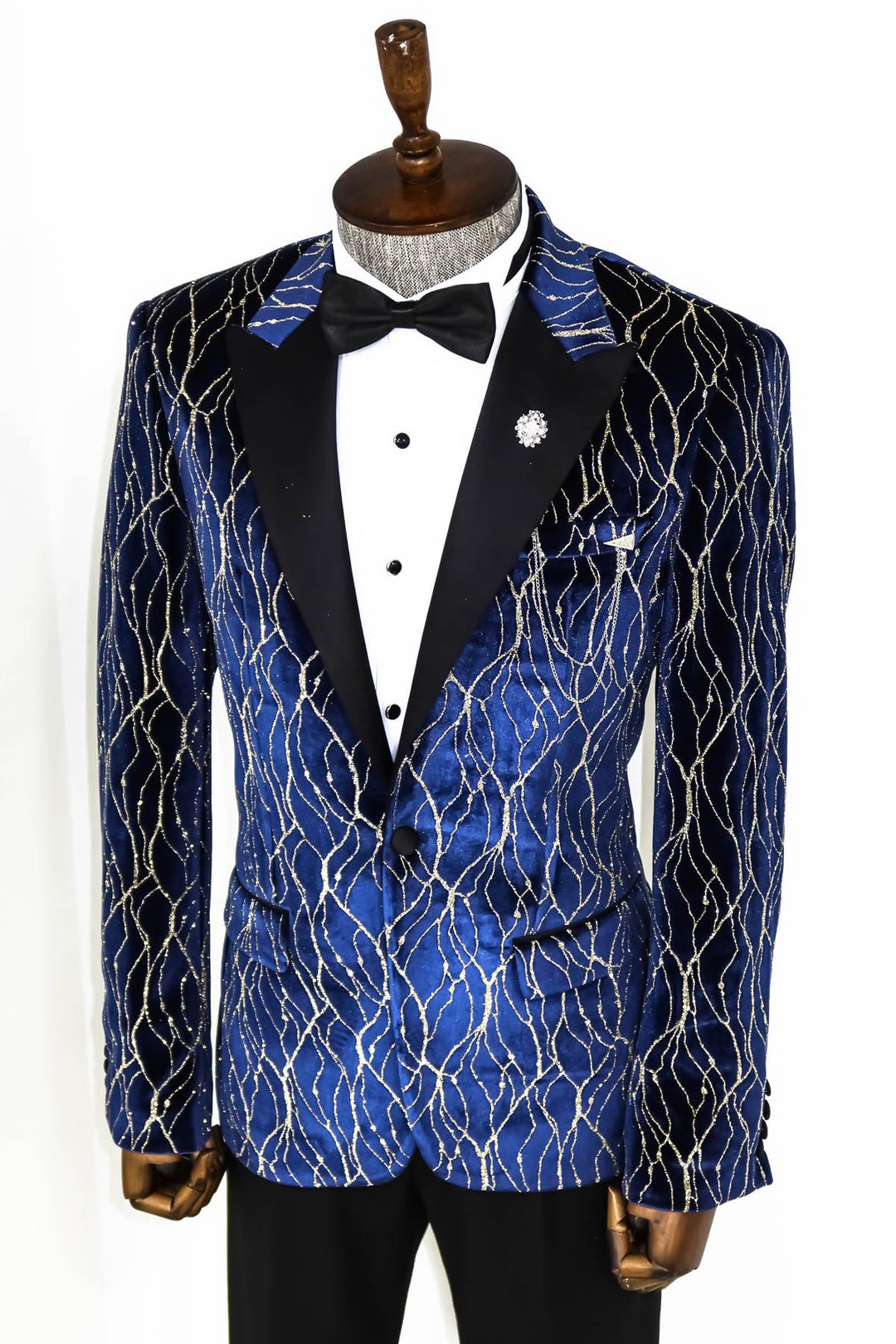WSS Gold Patterned Navy Blue Men Prom Blazer  - Singen