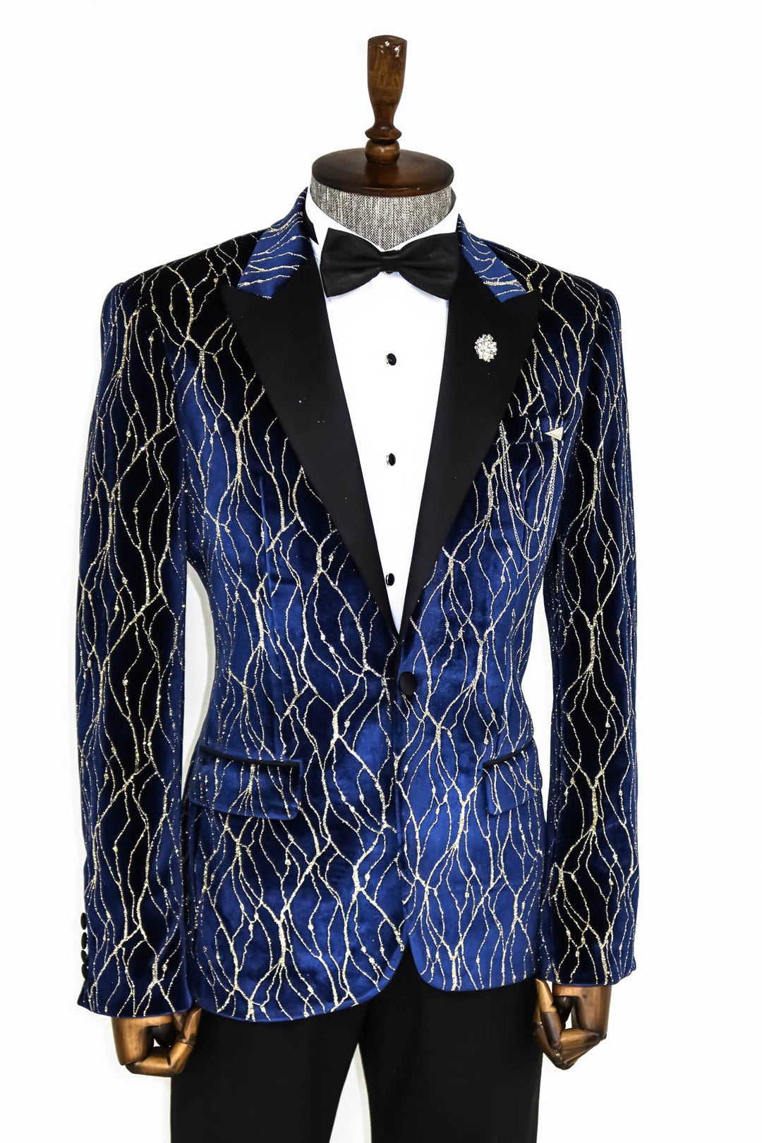 WSS Gold Patterned Navy Blue Men Prom Blazer  - Singen