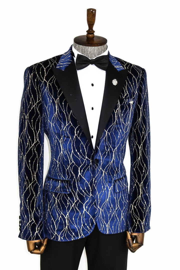 WSS Gold Patterned Navy Blue Men Prom Blazer  - Singen