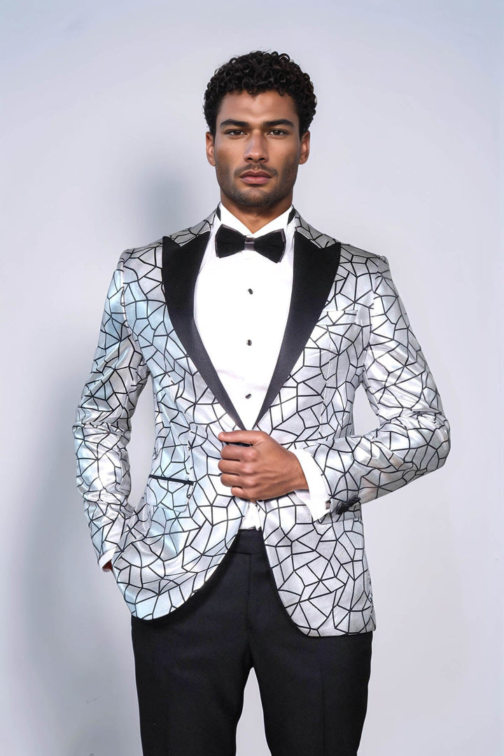 WSS Slim Fit Black Patterned Grey Men Prom Blazer  - Lochau