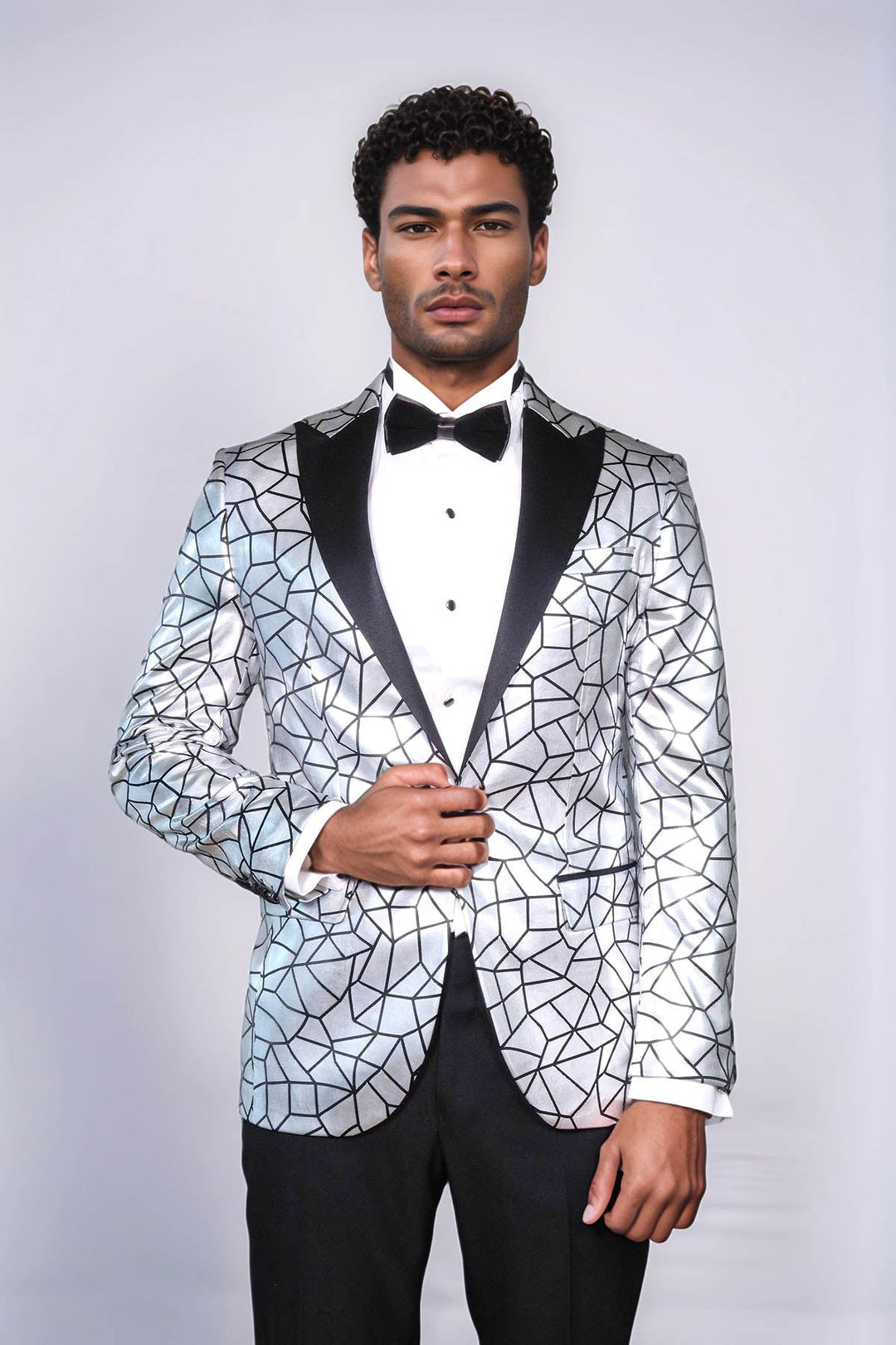 WSS Slim Fit Black Patterned Grey Men Prom Blazer  - Lochau
