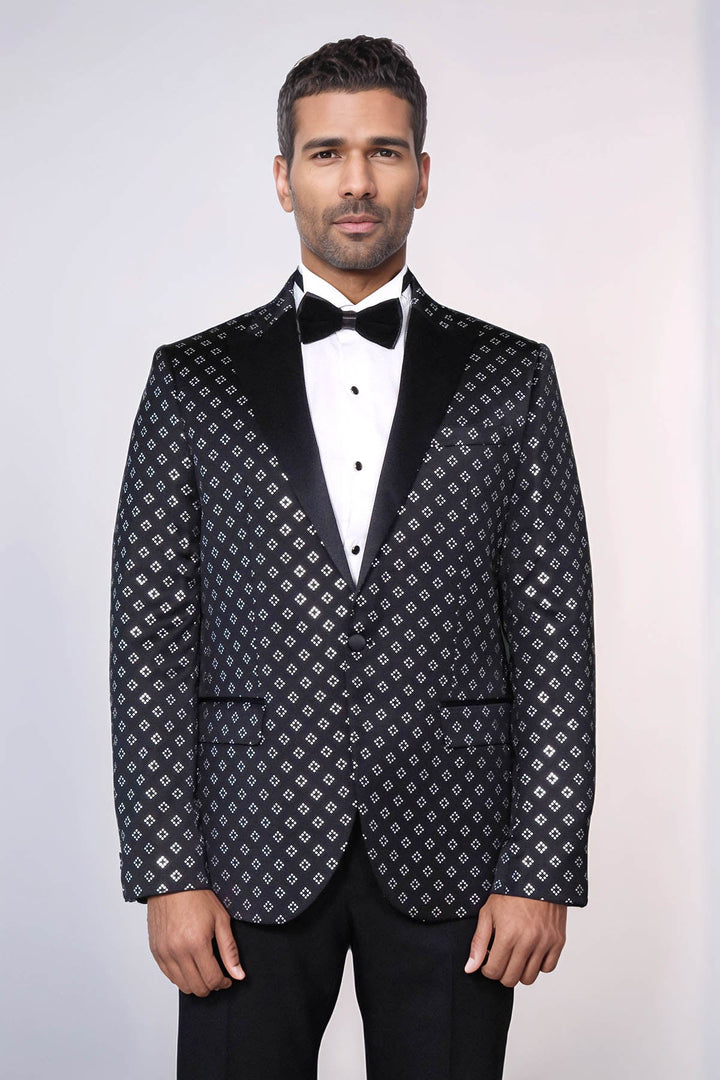 WSS Silver Diamond Pattern Over Black Men Party Tuxedo Blazer  - Cuneo