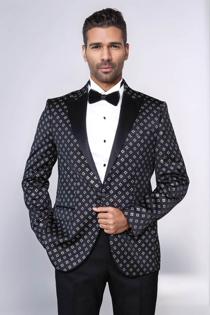 WSS Silver Diamond Pattern Over Black Men Party Tuxedo Blazer  - Cuneo