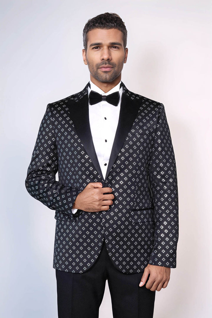 WSS Silver Diamond Pattern Over Black Men Party Tuxedo Blazer  - Cuneo