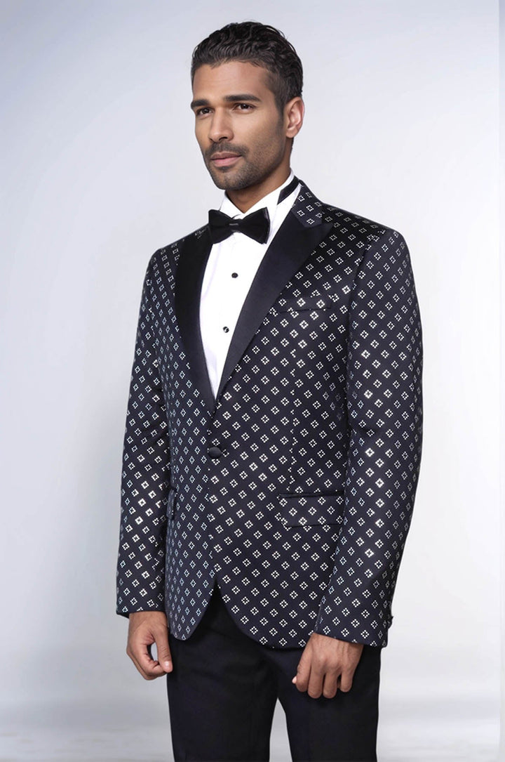 WSS Silver Diamond Pattern Over Black Men Party Tuxedo Blazer  - Cuneo