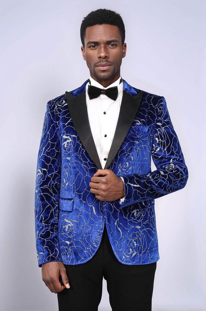 WSS Shimmering  Silver Rose Patterned Over Blue Men Stage Tuxedo  Blazer  - Potsdam