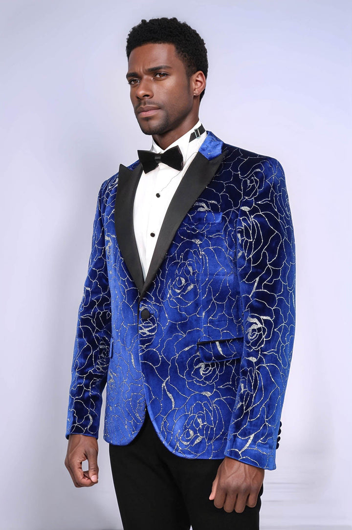 WSS Shimmering  Silver Rose Patterned Over Blue Men Stage Tuxedo  Blazer  - Potsdam