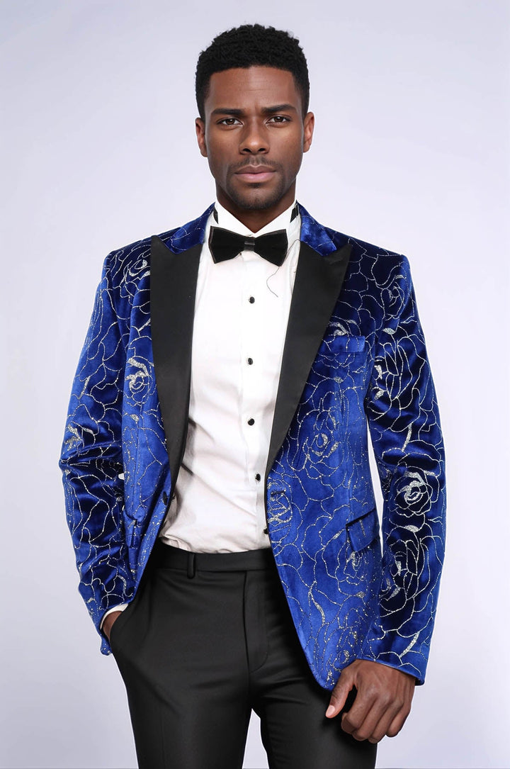 WSS Shimmering  Silver Rose Patterned Over Blue Men Stage Tuxedo  Blazer  - Potsdam