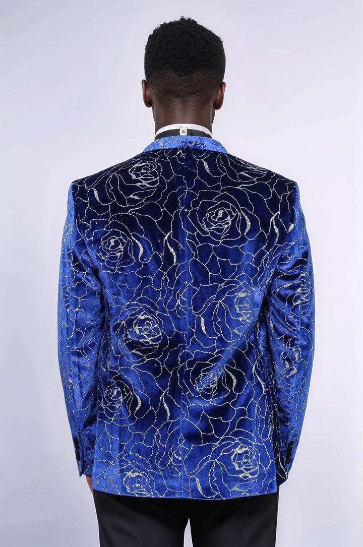 WSS Shimmering  Silver Rose Patterned Over Blue Men Stage Tuxedo  Blazer  - Potsdam