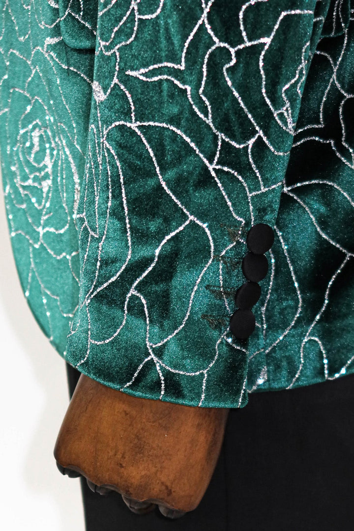 WSS Silver Rose Patterned Over Green Men Prom Blazer  - Singen