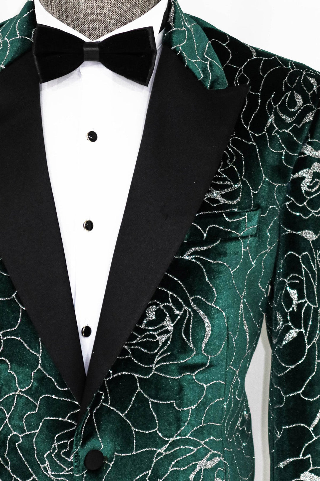 WSS Silver Rose Patterned Over Green Men Prom Blazer  - Singen