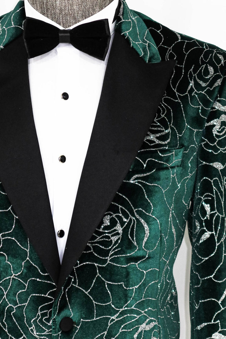 WSS Silver Rose Patterned Over Green Men Prom Blazer  - Singen