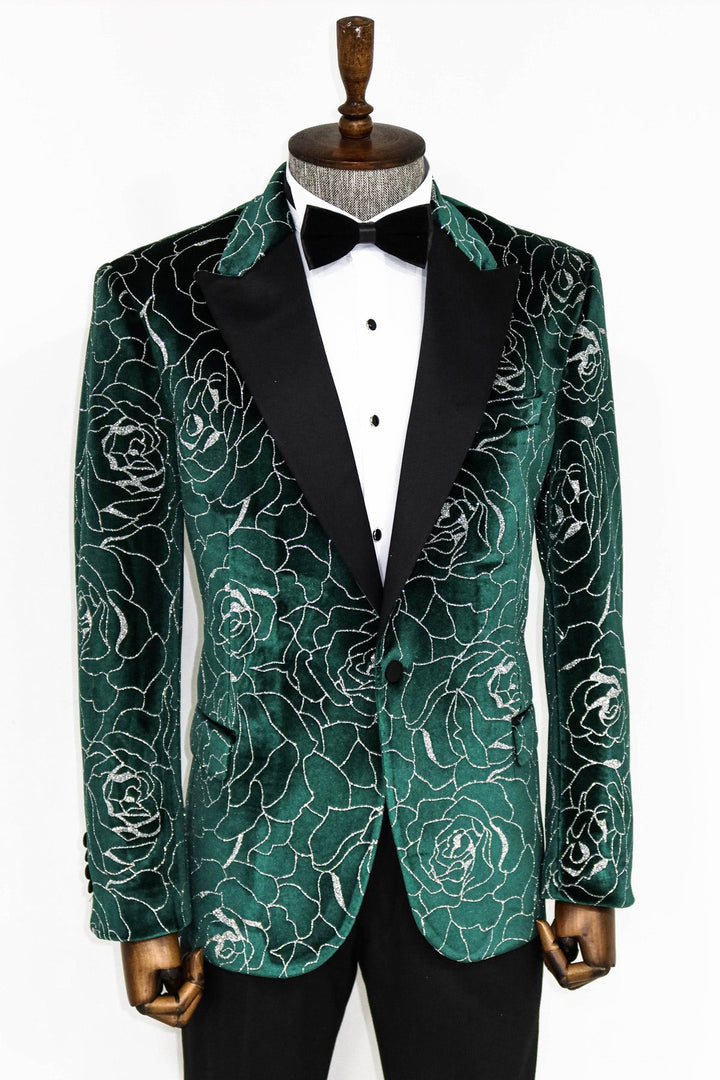 WSS Silver Rose Patterned Over Green Men Prom Blazer  - Singen
