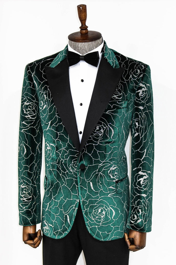 WSS Silver Rose Patterned Over Green Men Prom Blazer  - Singen