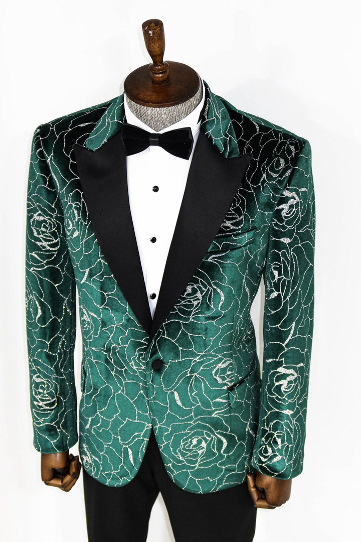 WSS Silver Rose Patterned Over Green Men Prom Blazer  - Singen