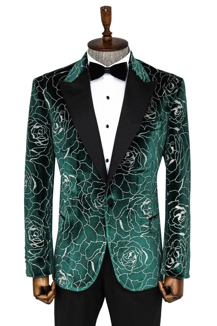 WSS Silver Rose Patterned Over Green Men Prom Blazer  - Singen