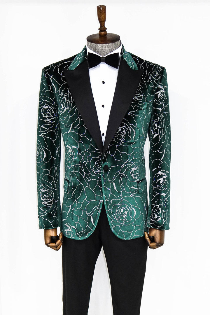 WSS Silver Rose Patterned Over Green Men Prom Blazer  - Singen