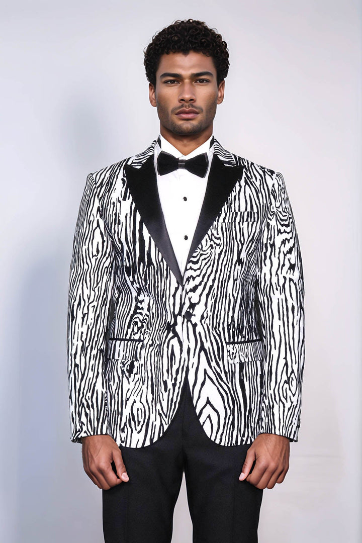 WSS Slim Fit Zebra Patterned White Men Party Blazer  - Meridian