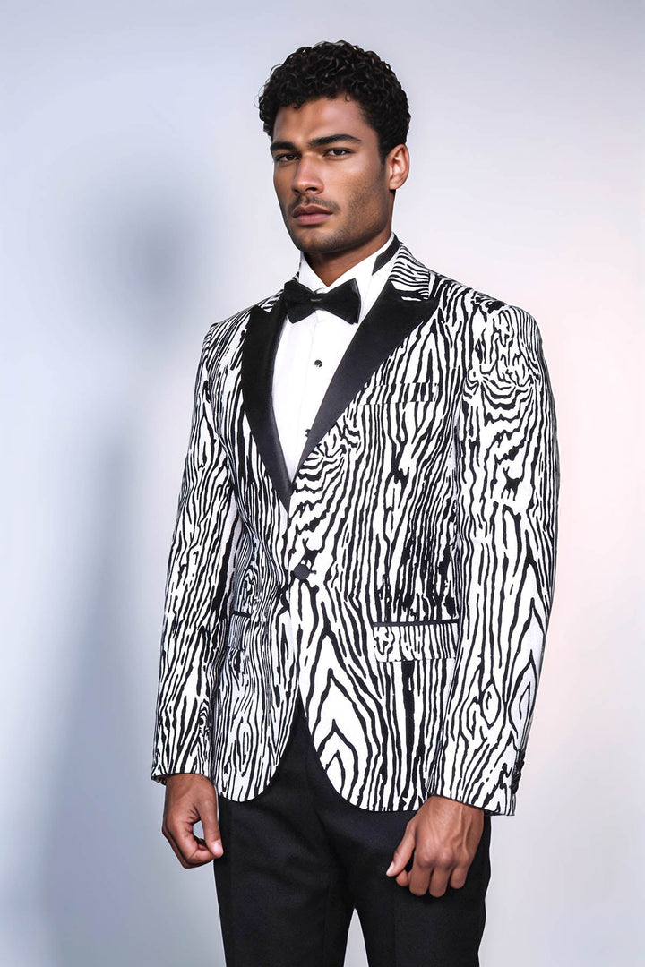 WSS Slim Fit Zebra Patterned White Men Party Blazer  - Meridian