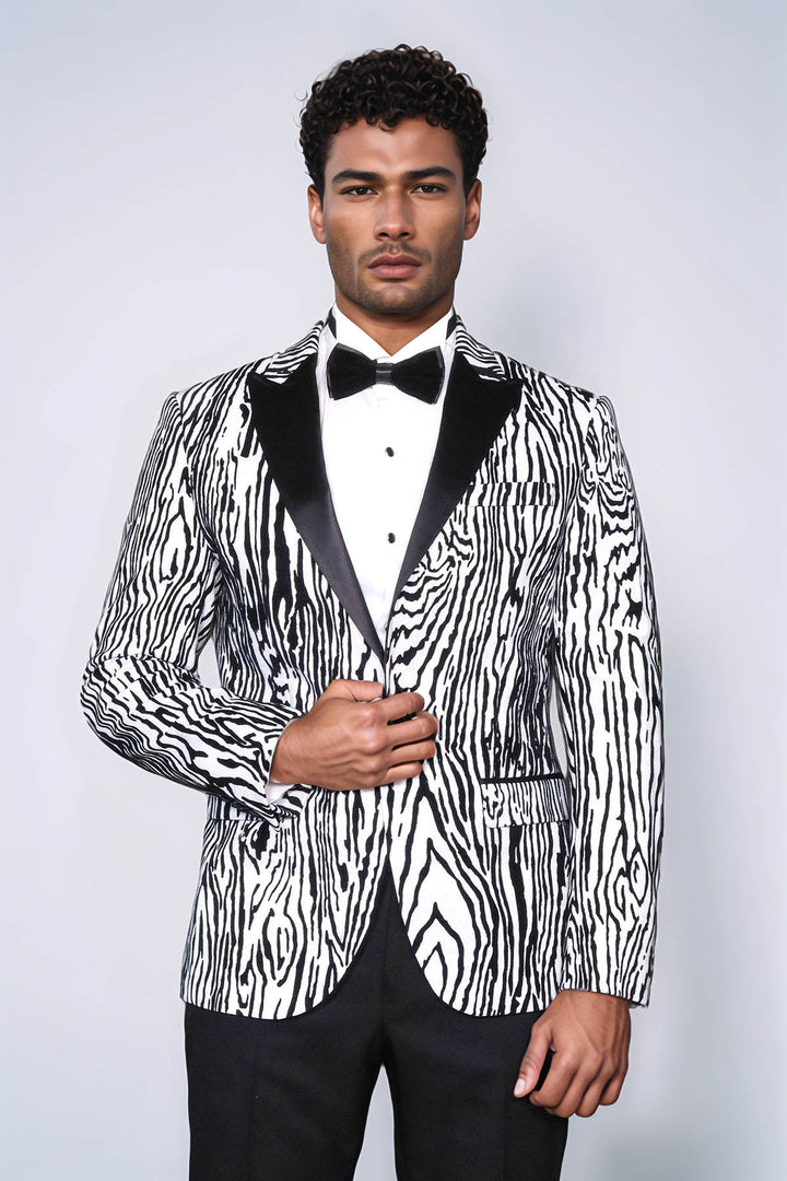 WSS Slim Fit Zebra Patterned White Men Party Blazer  - Meridian