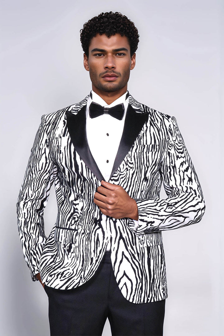 WSS Slim Fit Zebra Patterned White Men Party Blazer  - Meridian