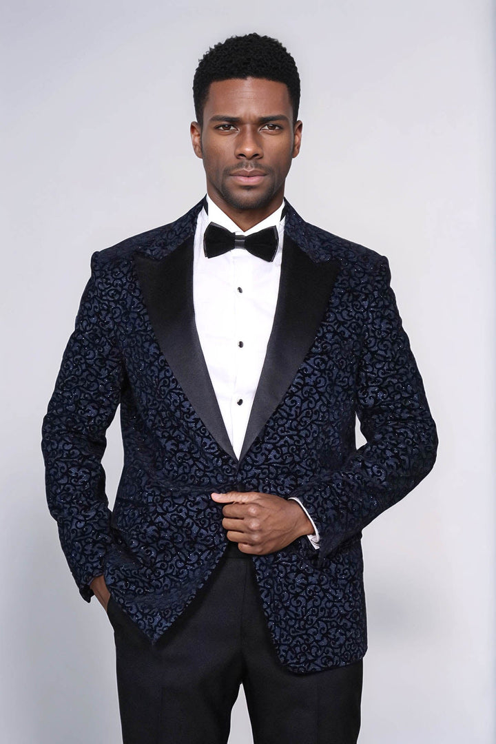 WSS Scroll Patterned Navy Blue Men Wedding Tuxedo Blazer  - Downers Grove