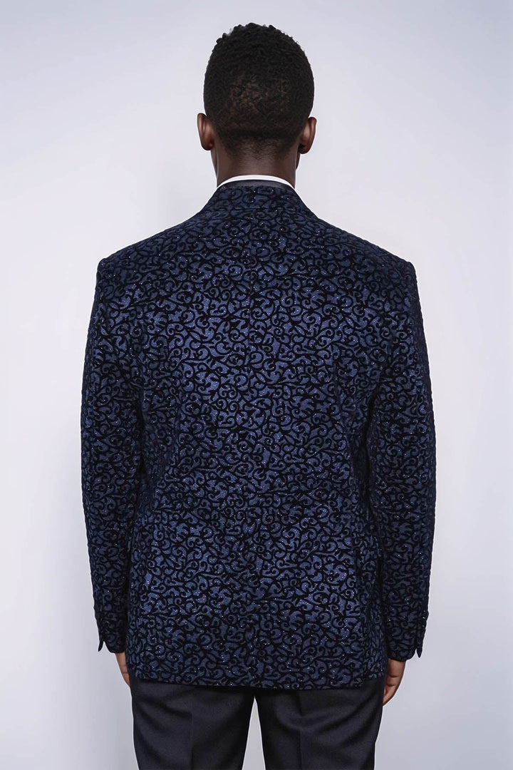 WSS Scroll Patterned Navy Blue Men Wedding Tuxedo Blazer  - Downers Grove