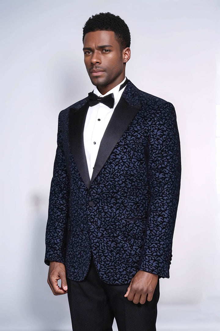 WSS Scroll Patterned Navy Blue Men Wedding Tuxedo Blazer  - Downers Grove