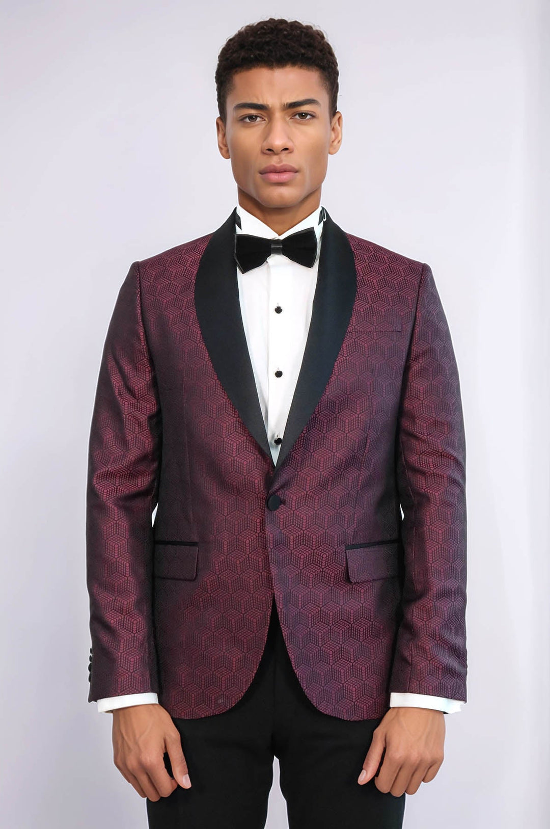 WSS Pentagon Patterned Shawl Lapel Burgundy Men Dinner Jacket  - Farmington