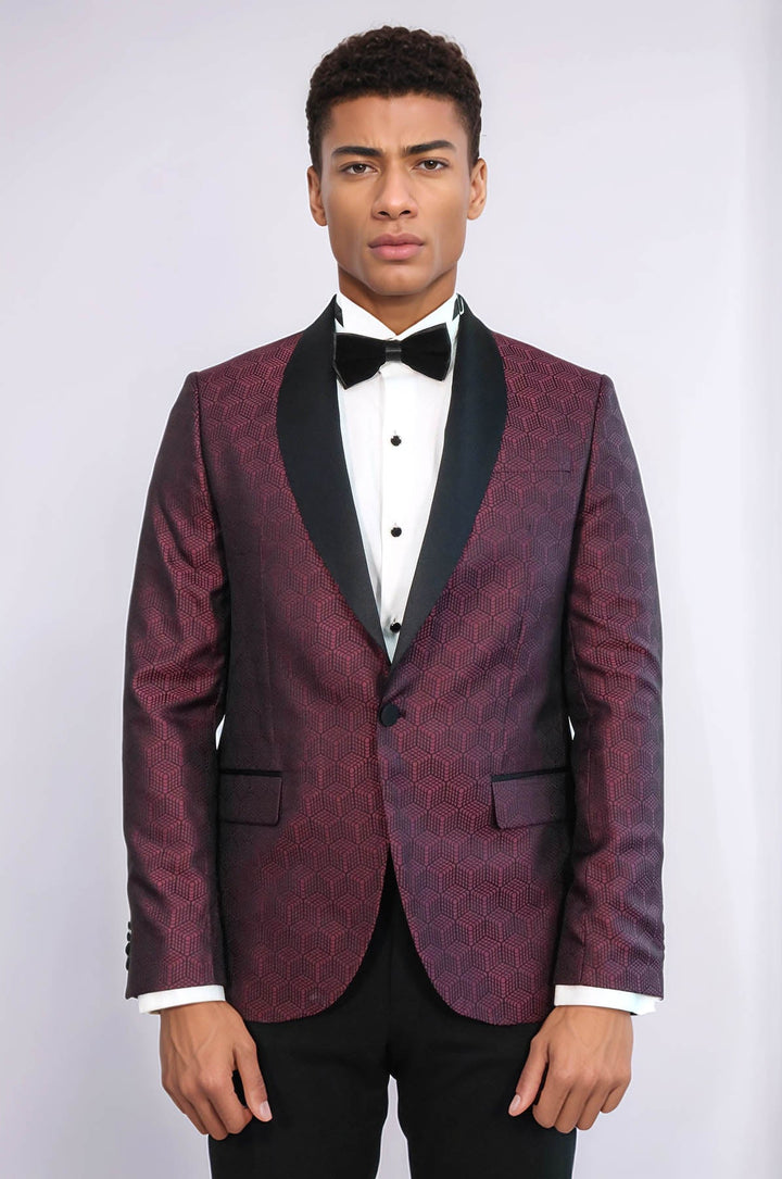 WSS Pentagon Patterned Shawl Lapel Burgundy Men Dinner Jacket  - Farmington