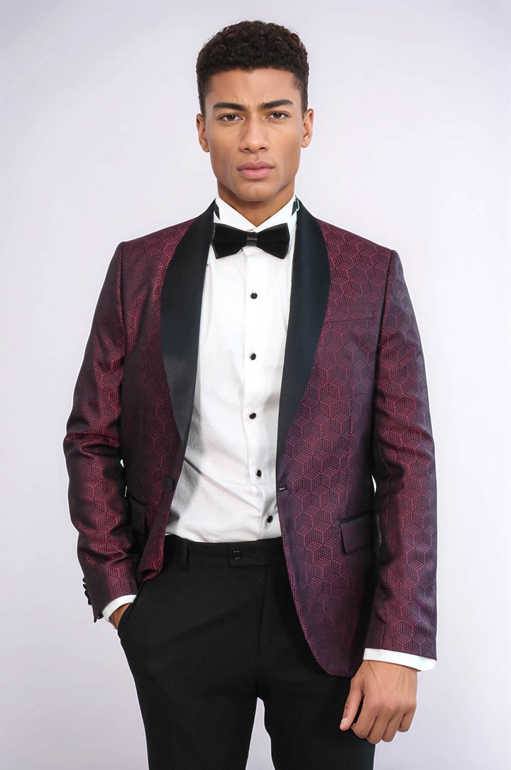 WSS Pentagon Patterned Shawl Lapel Burgundy Men Dinner Jacket  - Farmington