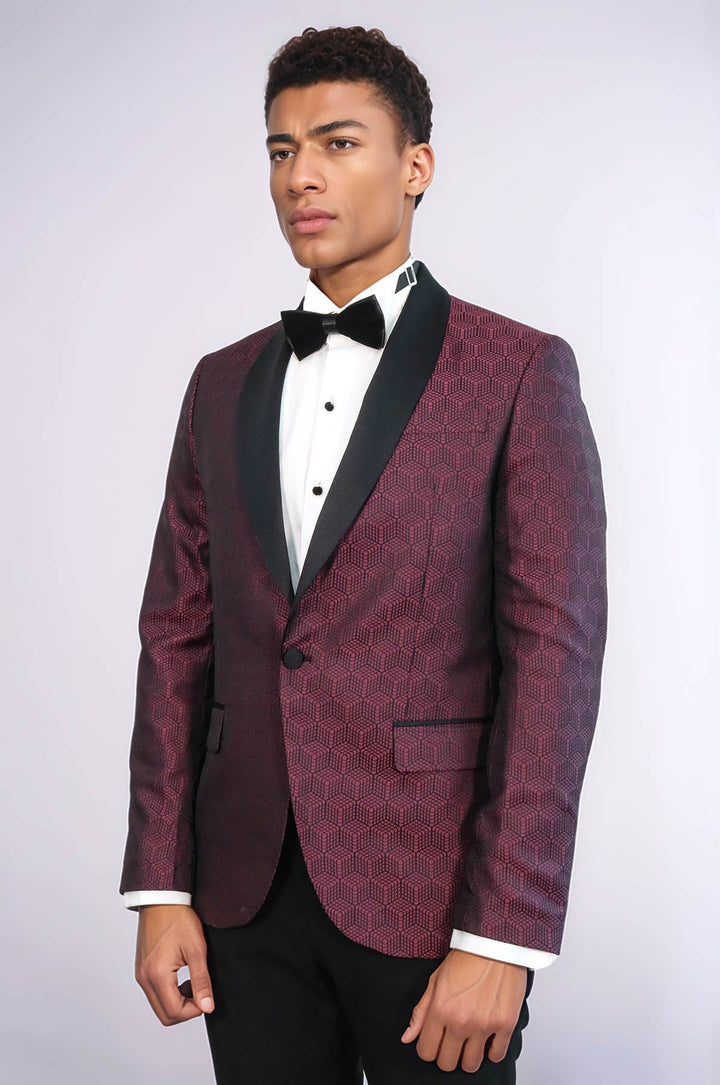 WSS Pentagon Patterned Shawl Lapel Burgundy Men Dinner Jacket  - Farmington
