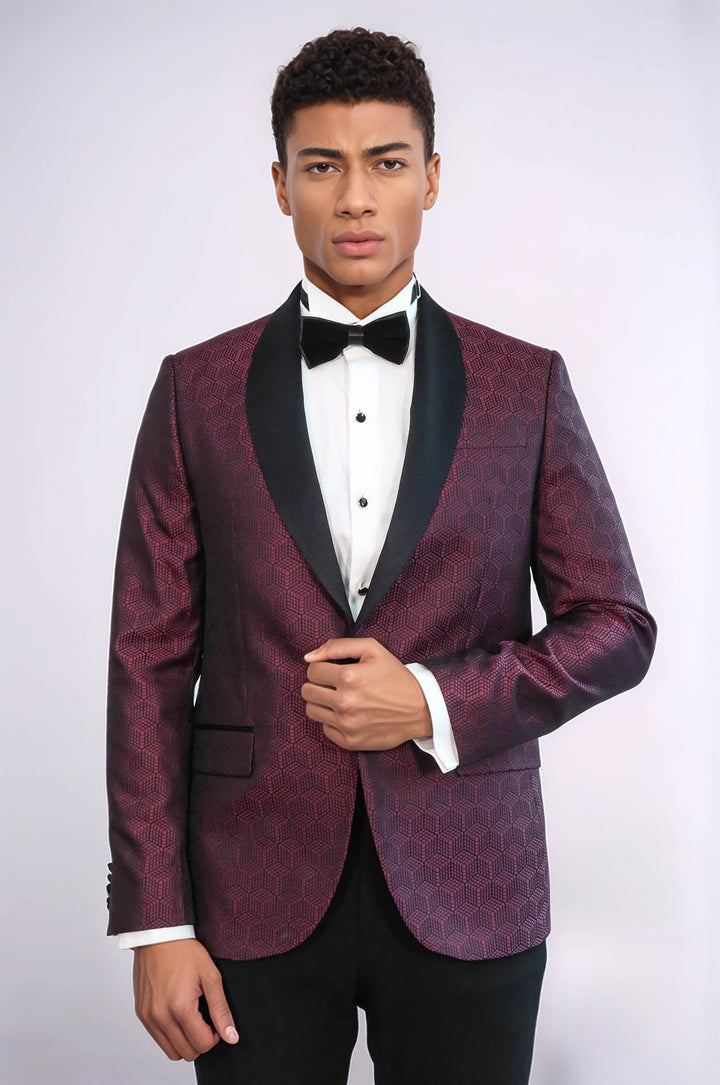 WSS Pentagon Patterned Shawl Lapel Burgundy Men Dinner Jacket  - Farmington