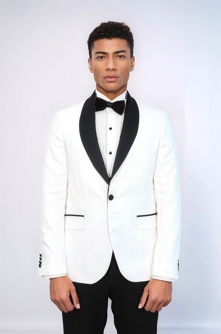 WSS Pentagon Patterned Shawl Lapel White Men Prom Blazer and Trousers Combination Suit - Wismar