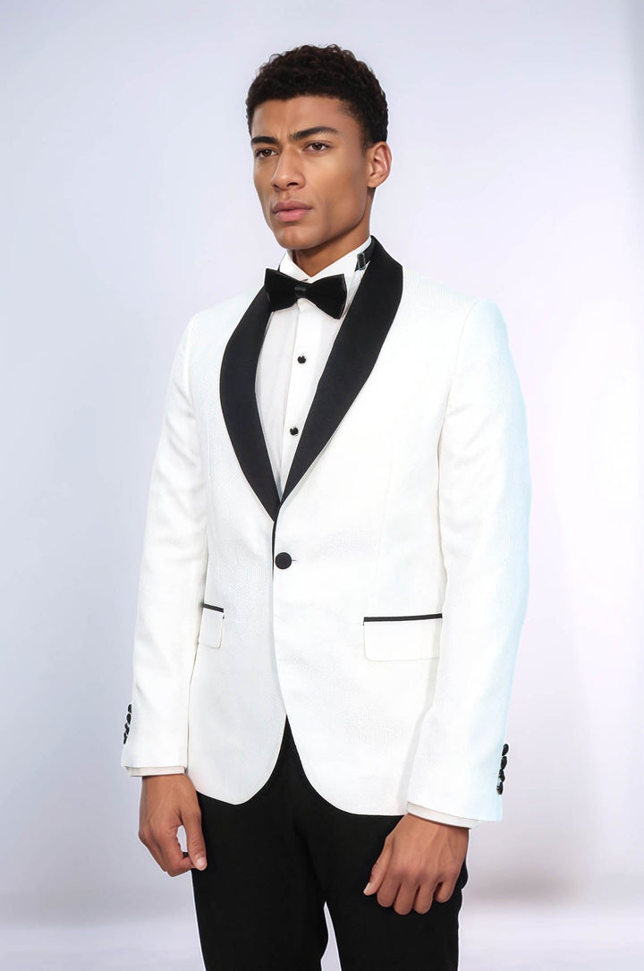 WSS Pentagon Patterned Shawl Lapel White Men Prom Blazer and Trousers Combination Suit - Wismar