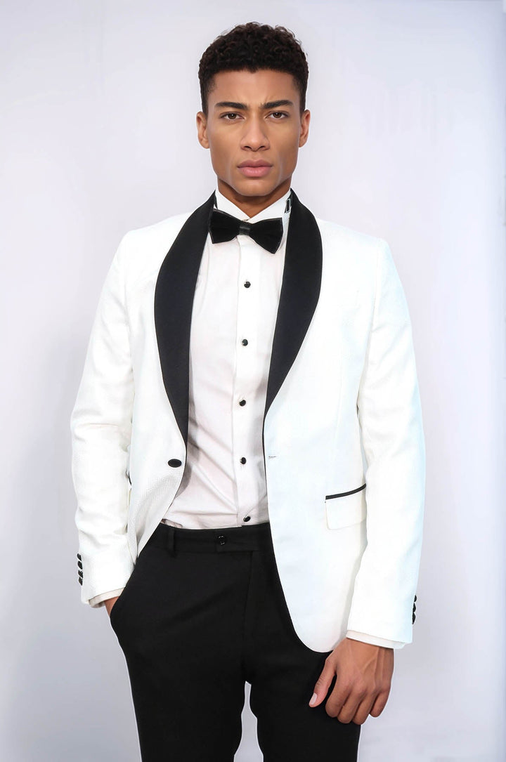 WSS Pentagon Patterned Shawl Lapel White Men Prom Blazer and Trousers Combination Suit - Wismar