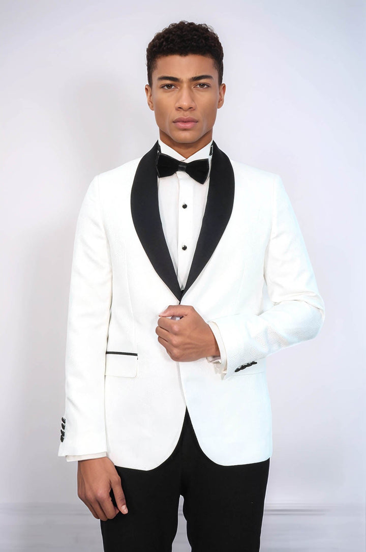 WSS Pentagon Patterned Shawl Lapel White Men Prom Blazer and Trousers Combination Suit - Wismar
