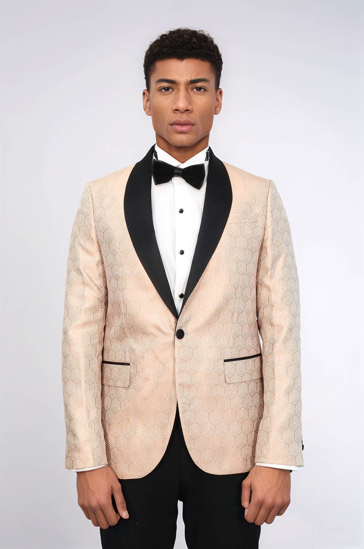 WSS Pentagon Patterned Shawl Lapel Cream Men Prom Blazer  and Trousers Combination Suit - Braga