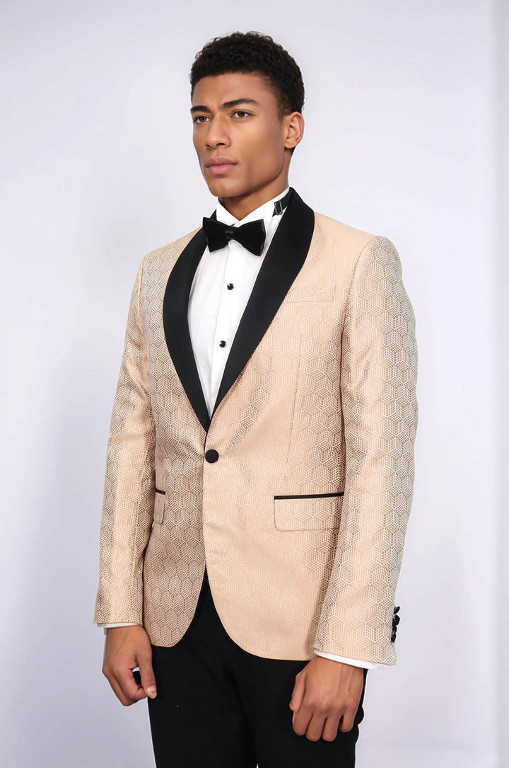 WSS Pentagon Patterned Shawl Lapel Cream Men Prom Blazer  and Trousers Combination Suit - Braga