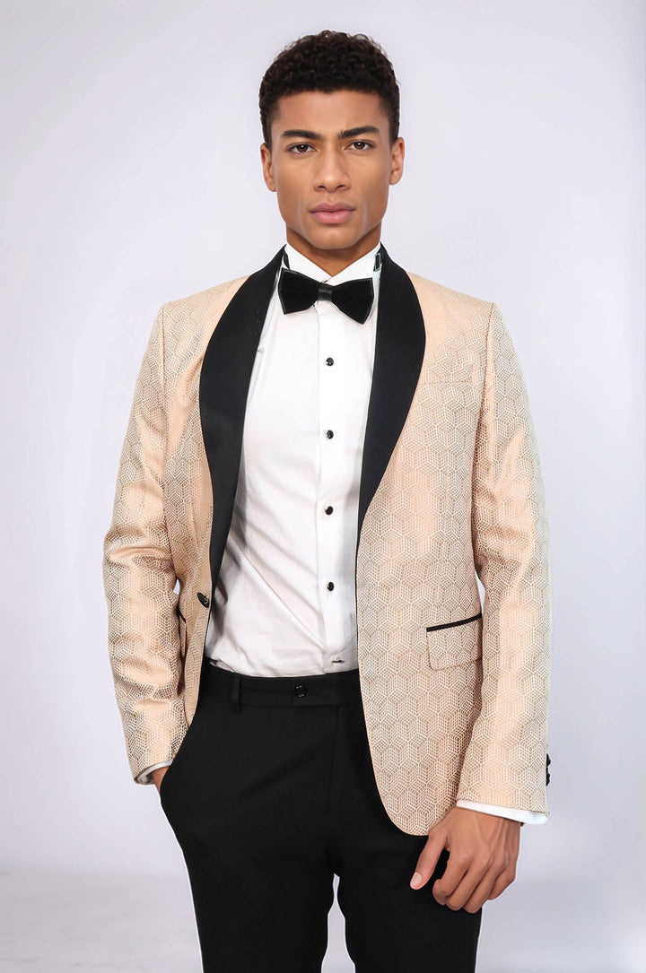 WSS Pentagon Patterned Shawl Lapel Cream Men Prom Blazer  and Trousers Combination Suit - Braga