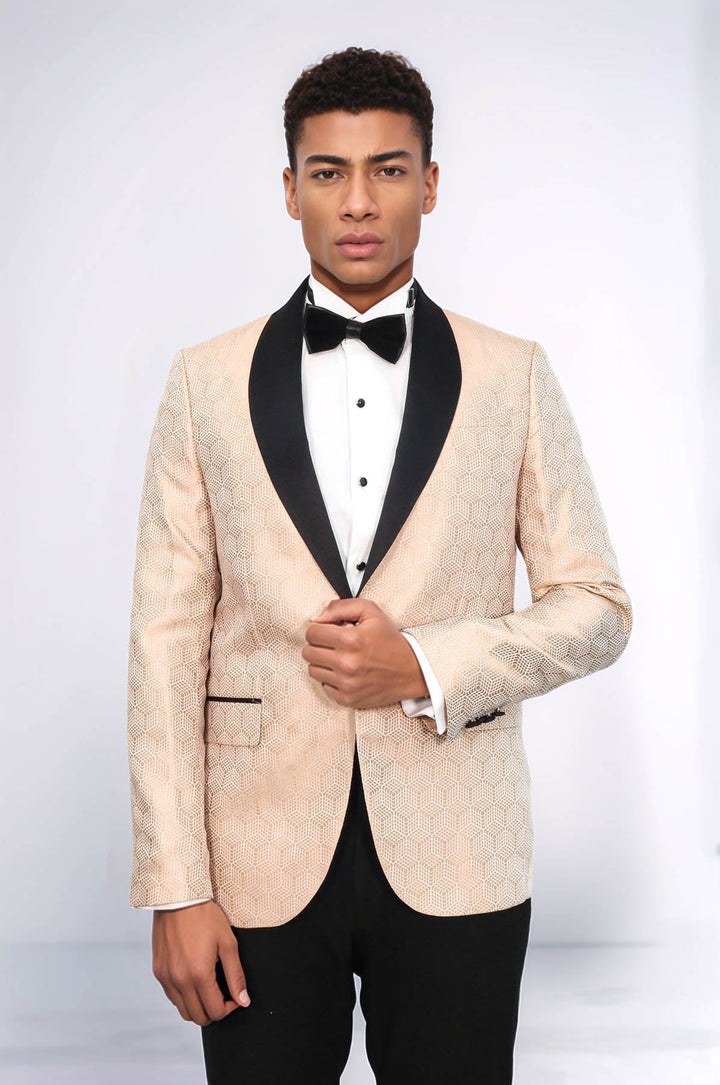 WSS Pentagon Patterned Shawl Lapel Cream Men Prom Blazer  and Trousers Combination Suit - Braga