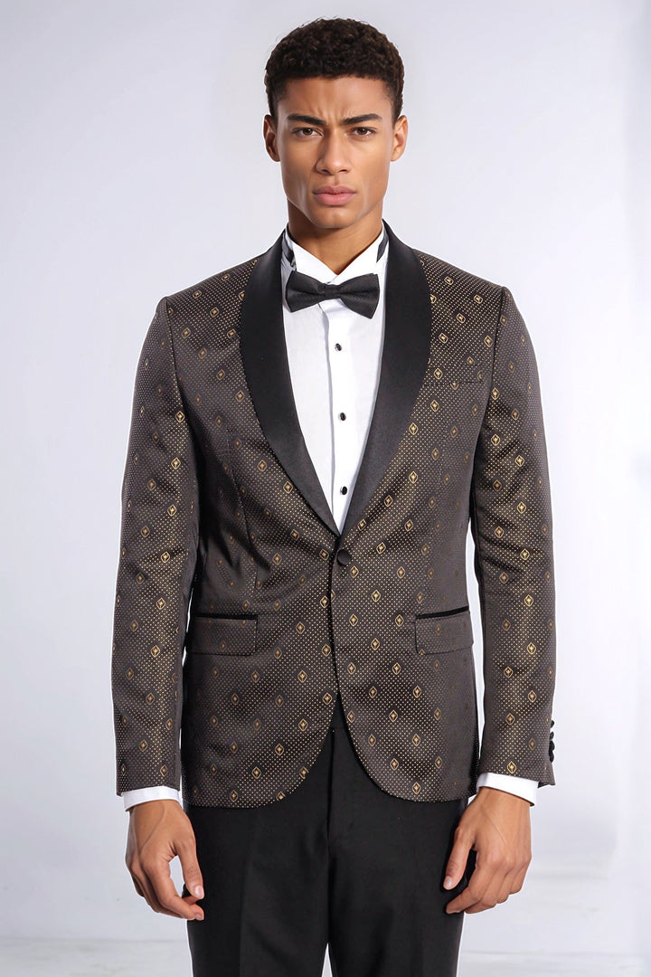 WSS Shawl Lapel Gold Dot Patterned Over Black Men Tuxedo Blazer  - Istres