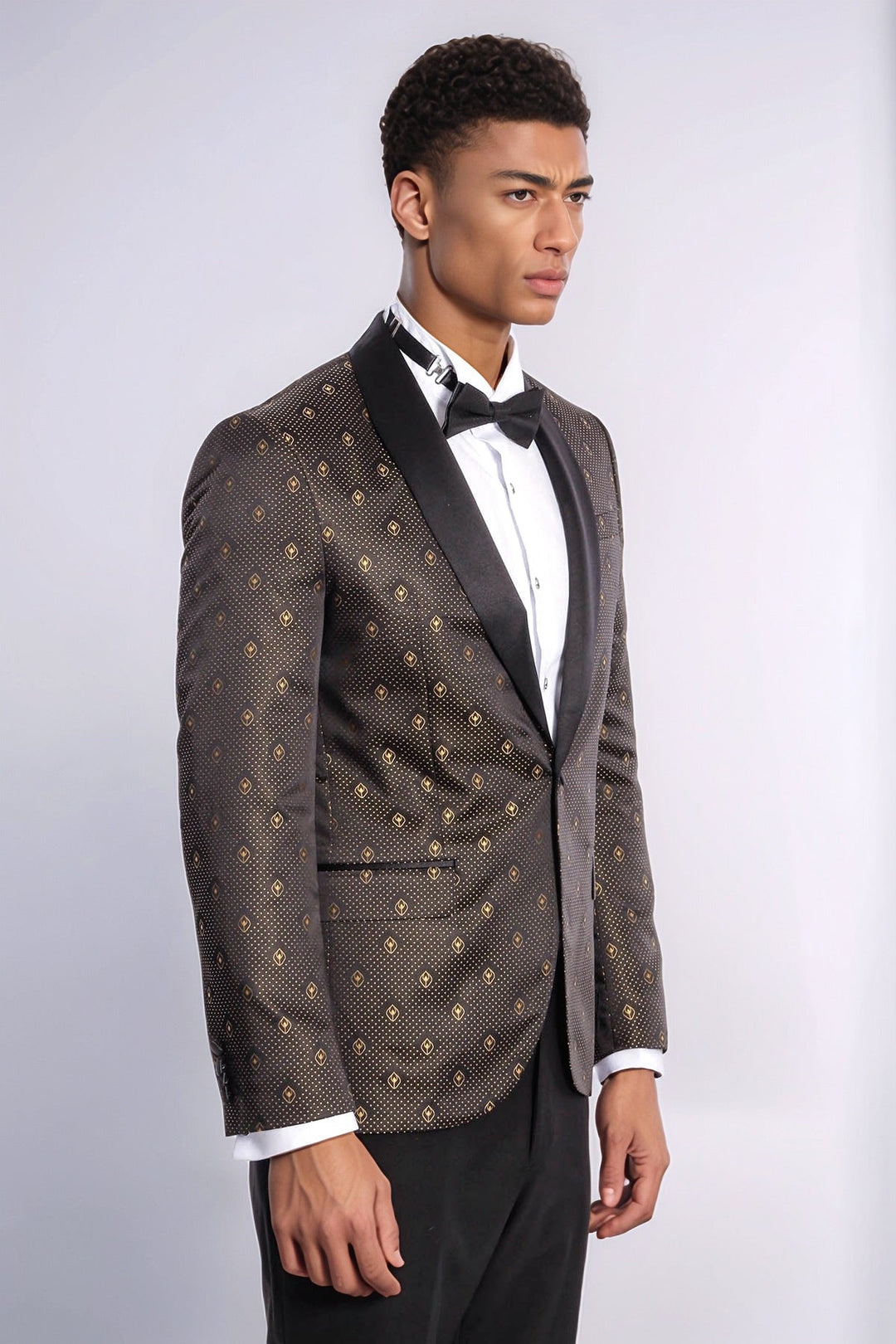 WSS Shawl Lapel Gold Dot Patterned Over Black Men Tuxedo Blazer  - Istres