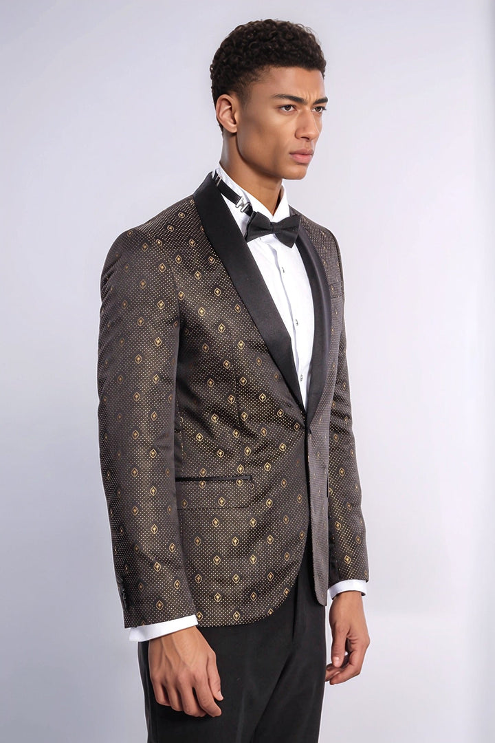 WSS Shawl Lapel Gold Dot Patterned Over Black Men Tuxedo Blazer  - Istres