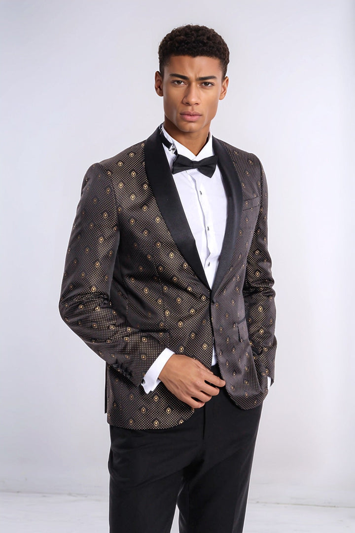 WSS Shawl Lapel Gold Dot Patterned Over Black Men Tuxedo Blazer  - Istres