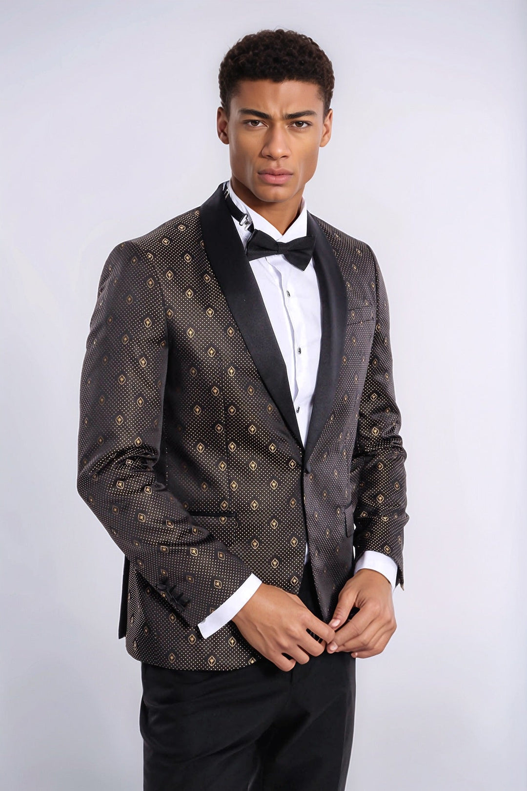 WSS Shawl Lapel Gold Dot Patterned Over Black Men Tuxedo Blazer  - Istres