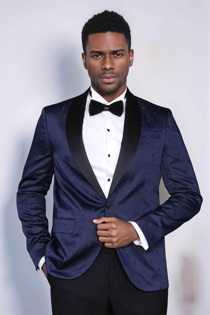 WSS Patterned Shawl Lapel Navy Blue Men Tuxedo Jacket  - Waiblingen