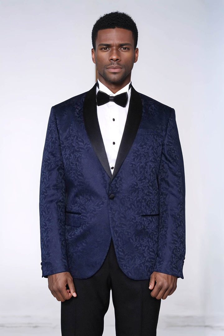 WSS Shawl Lapel Floral Patterned Navy Blue Men Tuxedo Evening Blazer  - Dolores Hidalgo Cuna de la Independencia Nacional